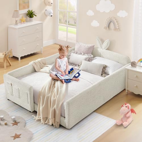 Image of Full Size Kids Bed with Rabbit Ear Headboard, Upholstered Boucle Fabric Full Daybed with Slats Support & Side Pockets, Space-Saving Wooden Corner Sofa Couch Bed Frame for Girls, Boys, Teenager(Beige)