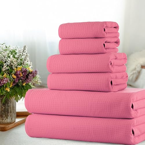 Image of Casa Copenhagen, Egyptian Cotton - Waffle Terry Towel 6 Piece Set, Includes 2 Bath Towels 2 Hand Towels 2 Washcloths - Pink