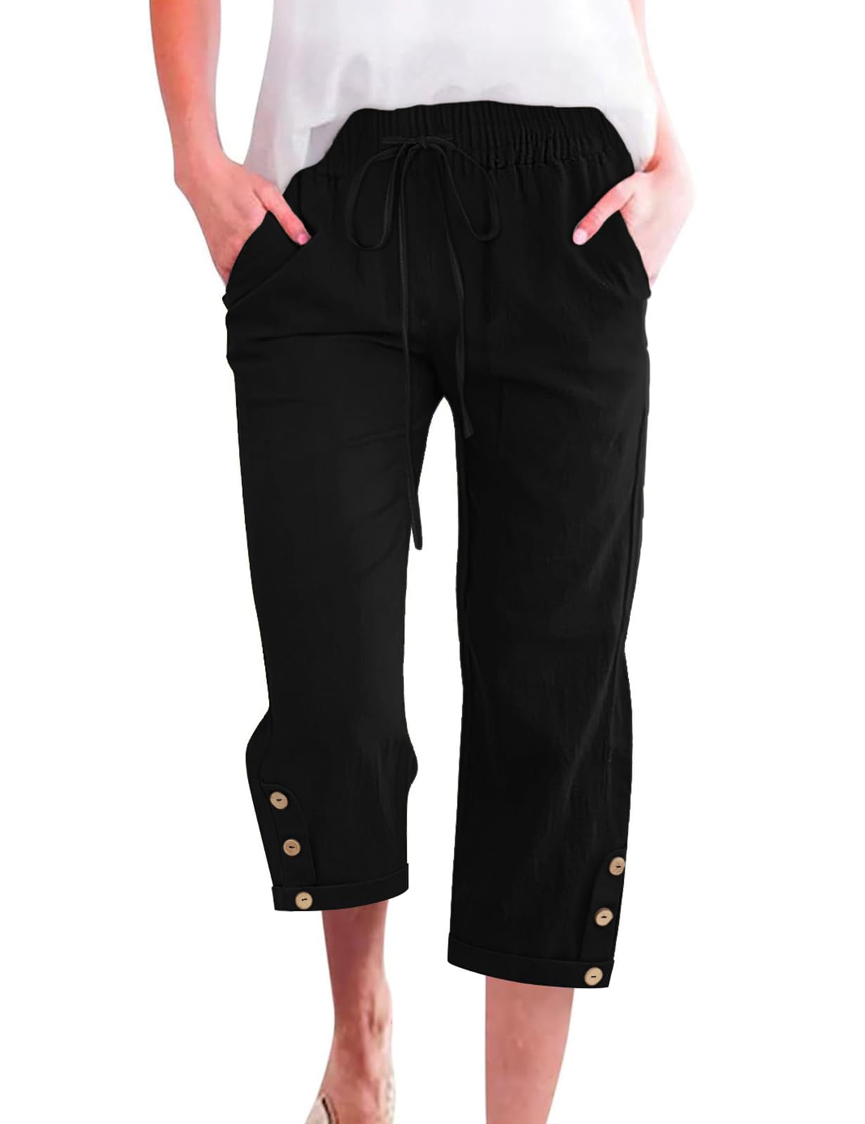 CMTOP Hosen Damen Sommer 7/8 Leichte Sommerhose Elastischem Bund Gerade Freizeithose Baumwolle Bequeme Luftig Stoffhose Weite Strandhose mit Kordelzug Taschen