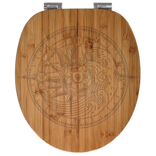 banjado® Hochwertig gravierter Design WC Sitz Bambus Absenkautomatik Kompass/Toilettendeckel mit Absenkautomatik Holz/Bambus Klodeckel/WC-Sitz für alle gängigen Toiletten