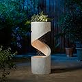 Glitzhome Decorative Tiered Outdoor Water Fountain with LED Light, Curved Waterfall Fountain with Stone Planter, Faux Terrazzo Spiral Shaped Fountain for Garden Deck Patio Porch, 31.25”H