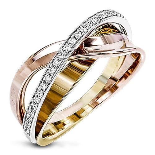 925 Sterling Silver Women's Fashion Tricolor Geometric Line Cross Ring in 18K Rose Gold Ring Sparkling Full Diamond Ring Multi Row Cross Ring Eternity Engagement Wedding Rings Sizes 6-10 562 (10)