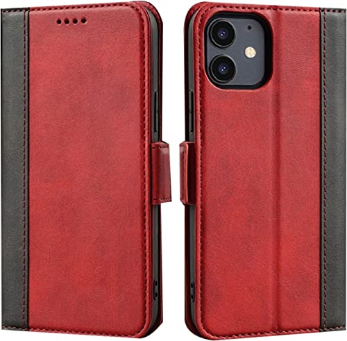 Étui en cuir iPhone 12 étui à rabat porte-carte antichoc rouge 6,1"