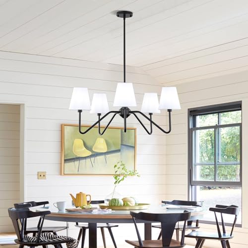 9MMML 30.5" 5 Arms Black Chandelier, 5 Lights Kitchen Island Lighting with White Fabric Shade,Dining Room Light Fixture for Hallway Entryway Foyer Living Room，E12. by 9MMML - Used condition - Image 6