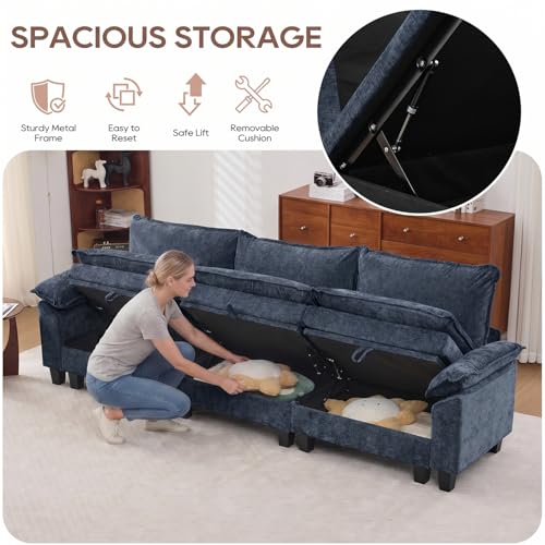 Image of IPKIG 117 inch Modular Cloud Couch with Storage, C Shaped Sectional Sofa | 3 Seater Blue Chenille Deep Seat Sectional Couches with Ottoman and Pillow for Living Room, Apartment