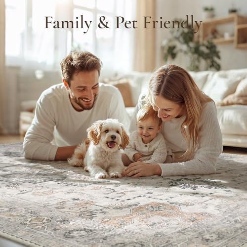 GENIMO Runner Rug 2'6''x10, Non Slip Vintage Hallway Runner Rugs, Low Pile Lightweight Machine Washable Mat for Hallway, Entryway, Bedroom, Kitchen and Corridor, Light Taupe Brown