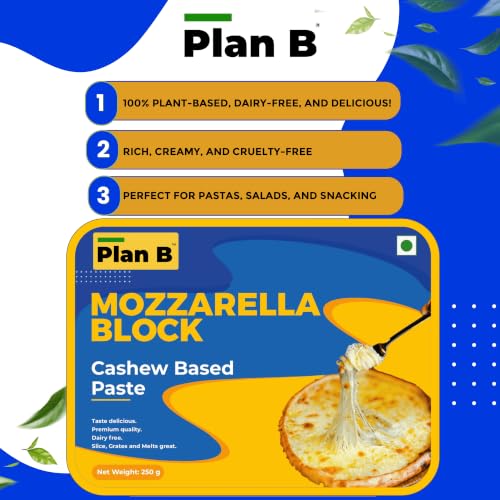Image of Plan B Plant-Based Mozzarella Cheese Block 250g | Dairy-Free & Lactose-Free | Smooth & Melty Cheese Alternative Made with Cashews | Perfect for Pizza, Pasta & Baking
