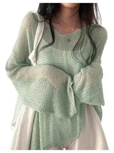 Floerns Women's Summer Sweaters Long Sleeve Pullover Sheer Knitted Lightweight Crochet Tops