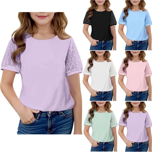 Girls Lace Jacquard Short Sleeve T-Shirts Loose Crewneck Summer Tops Casual Basic Tees for Kids 5-15 Years2