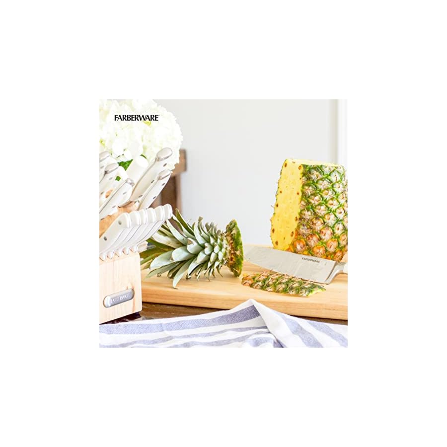 Farberware-Forged-Triple-Rivet-Cutlery-Set-15-Piece-White Farberware 15-Piece Forged Triple Rivet Knife Block Set, Razor-Sharp Kitchen Knife Set with Wood Block, High-Carbon Stainless Steel, White