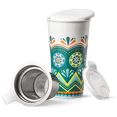 LIFVER Taza de té con Infusor, 530ML Taza de Viaje de Cerámica Grande para Viajes/Uso Doméstico con Dos Tapas y Colador de té Extraíble, Verde