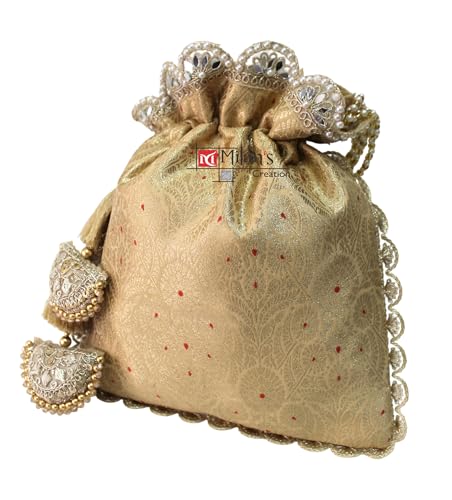 Image of MILAN'S CREATION Pure Banarasi Potli Silk Brocade Bag Purse Drawstring Women's handbag with Pearl Handle & Tassel Weddings