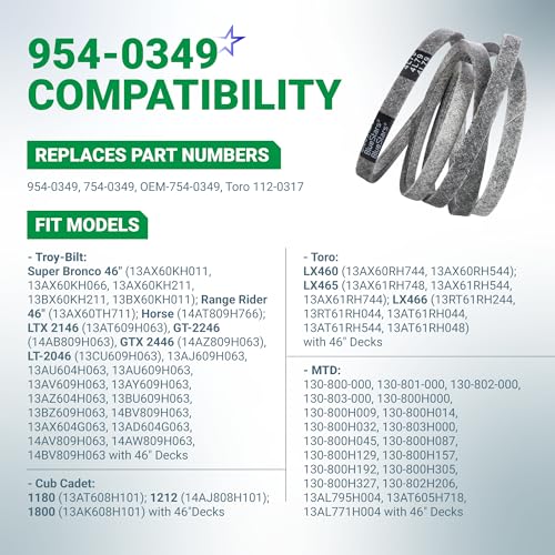 Image of BlueStars 954-0349 Deck Belt | Aramid Cord | 1 /2 inch x 79 inch | For 46 inch Cub Cadet 1180 1212 1800 Troy-Bilt Super Bronco 14AB809H063 MTD Toro LX460 Replaces 754-0349 112-0317 Lawn Mower