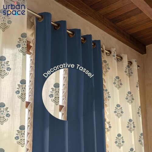 Image of Urban Space 100% Cotton Curtains for Door, Combo Set of 3 Curtains 7 feet Long, 60-65% Room Darkening Curtain, Tieback & Eyelets Included with Curtains for Home Decor (Liberty Blue, 7 Feet)