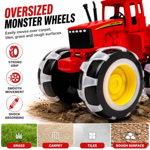 Image of Kids Tractor Toy with Monster Wheels | Friction Powered Farm Vehicle for for Toddlers Boys Girls | Safe ABS Plastic Construction | Educational Gift for Boys & Girls 3+ Years | Red
