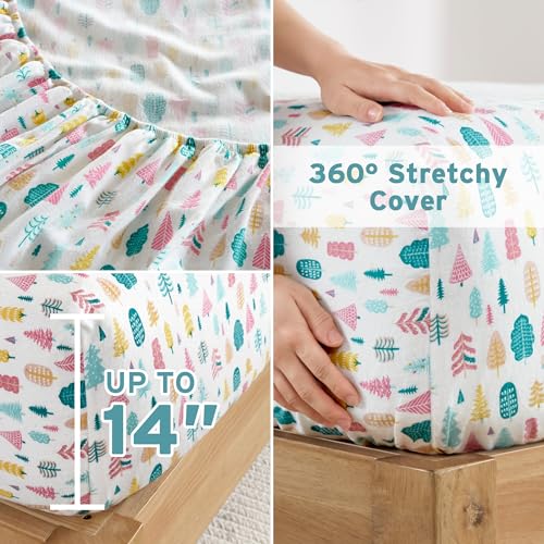 Image of Intelligent Design Cozy Soft 100% Cotton Flannel Sheets, Breathable Festive & Adorable Print Cotton Flannel Sheet Set, Deep Pocket Sheet Fits Up to 16 inch Mattress, Full White Holiday Trees 4 Piece