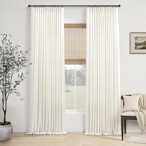 Natural Pinch Pleated Linen Cream Curtains 84 Inch Length 2 Panels for Living Room Bedroom Ivory Semi Sheer Light Filtering Modern Farmhouse Boho Neutral Rustic Long Drapes Back Tab Pleat Hooks Rings