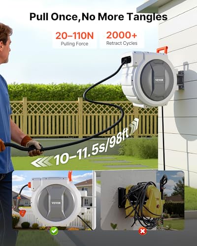 Image of VEVOR Retractable Garden Hose Reel, 1 /2 in x 130 ft, Wall Mounted Hose Reel with 9-Function Sprayer Nozzle and 180 Swivel Bracket, Any Length Lock, Automatic Slow Rewind System, for Garden Watering