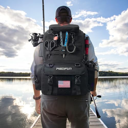 Image of Piscifun 52L Fishing Tackle Backpack, 17 Pockets, Rod Holders & 4 Boxes | 52L, 17 compartments, 4 tackle boxes, Rain cover, Breathable support