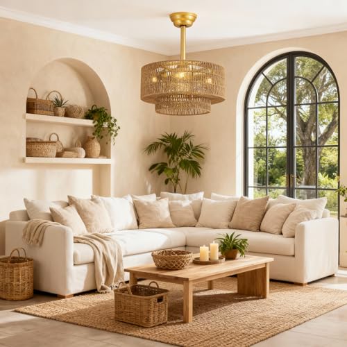 SEARART Boho Ceiling Fan with Light: 4-Lights Hand Woven Rattan Chandelier with DC Reversible,6 Speeds, 3CCT - Farmhouse Caged Ceiling Fan for Bedroom,Living Room,Kitchen,Nursery,Island by SEARART - Used condition - Image 7