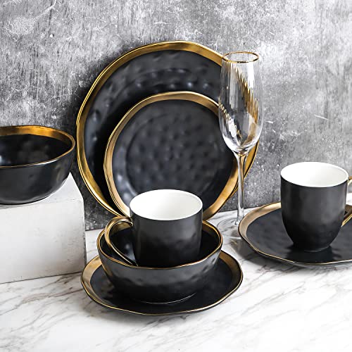 Image of Stone Lain Florian Modern Porcelain Dish Set, 32-Piece Dishes for 8, Gold and Black