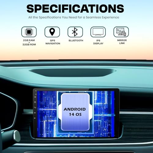Image of 10-Inch Android Car Stereo | 1280x800 IPS HD Touchscreen, Android 14 System, 2GB RAM, 32GB ROM | Wireless Mirroring, WiFi, GPS, Bluetooth, Steering Wheel Control (Multimedia Player)