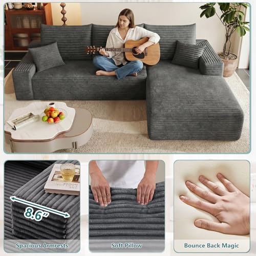Image of 95 inch Modular Sectional Couch, Boneless L Shaped Cloud Sofa with Chaise Lounge, Corduroy Upholstered Couches Memory Foam Deep Seat, No Assembly Required, Ideal for Living Room(Dark Gray, Right Facing)