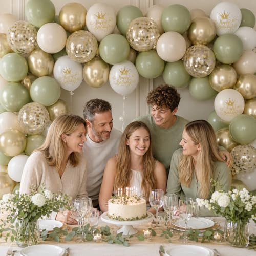 Image of Sage Green Sand White Gold Birthday Balloons, 12 Inch Olive Green Cream Beige Sand White Printed Balloons with Metallic Light Gold Confetti Balloon for Women Girls Boys Birthday Party Decorations