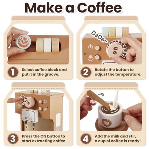 BUYGER Kinder Kaffeemaschine Kinderküche Zubehör Holz, Küchenspielzeug ab 3 + Jahre, Pädagogisches Spielzeug, Geburtstags Geschenke für Kinder Jungen Mädchen