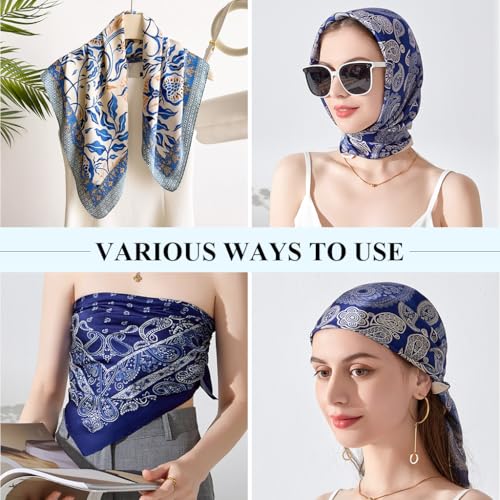 Image of SANNIDHI 2pcs Neck Head Scarf for Women Stylish Silk Hair Scarf Scarves with Vintage Prints for Sleeping, Hair Protection, and Multipurpose Styling (27.6x27.6n)