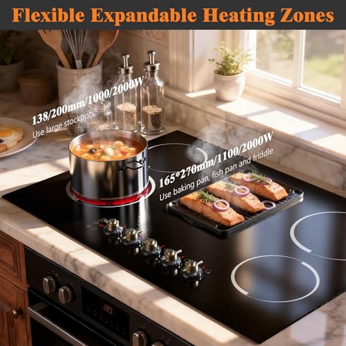 Image of Electric Cooktop 30 Inch(Cut-out Size: 29.13 inchx19.3 inch) - 8400W High Power 5 Burners Electric Stove, Built-in 30 Inch Burner Knob Control, Timer, Safety Lock, 240V Hard Wired (No Plug)