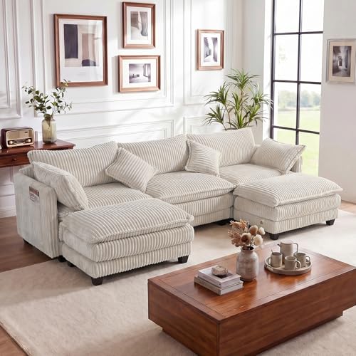 Image of Vesgantti 109 inch U Shaped Cloud Sectional Sofa, Comfy Corduroy Upholstered Sectional Modular Sofas for Living Room, Modern Modular Couch with 2 Ottoman Deep Seat, Beige