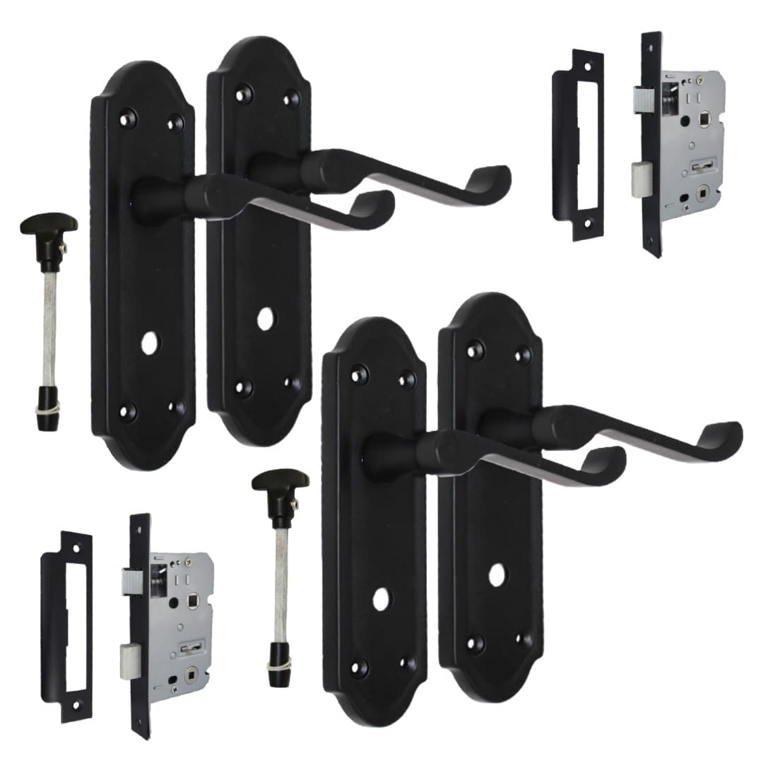 Epsom Door Handle Black Matt Internal Door Handles Door Handles Sets With 2 Sash Bathroom,Matt Door Handle Set For Internal Doors, Door Handle In Matt (2 Pair Of Bathroom Handles + Bathroom Sash Lock)
