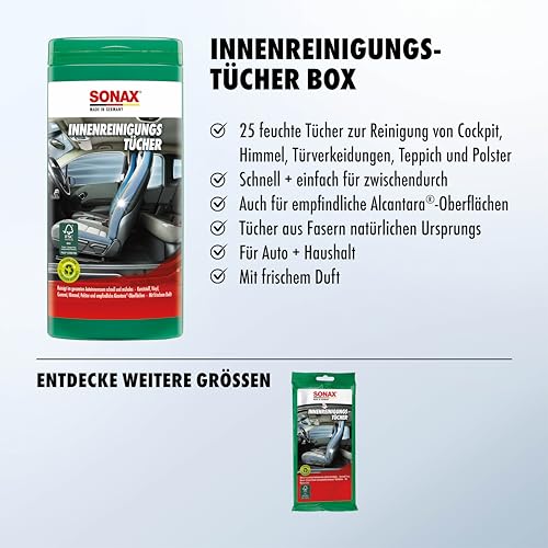 SONAX InnenReinigungsTücher Box (25 Stück) zur schnellen, einfachen und gründlichen Reinigung aller Flächen im Fahrzeuginnenraum | Art-Nr. 04122000