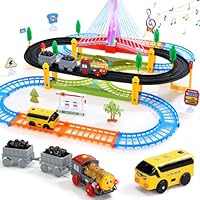 EagleStone Electric Train Set for Kids Ages 3-8, 2-in-1 Train and Bus Track Toy with Double Layer Tracks, Lights Up Bridge, Signs & Accessories, Railway Train Track Playset Gift for Boys and Girls