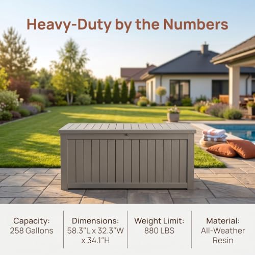 Image of Large 258 Gallon Resin Deck Box, Heavy Duty Lockable Patio Storage Box Outdoor, Waterproof Tool Box for Garden Furniture Cushions & Pool Supplies, Wood Grain Outdoor Storage Bench for Backyard