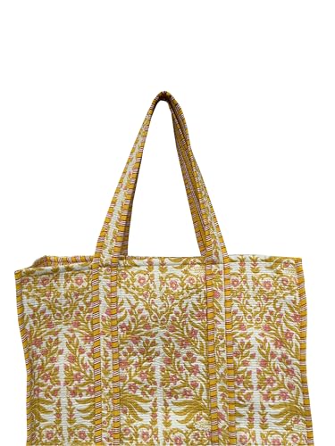 Image of Quilted Cotton Hand printed Reversible Large multicolor cotton Tote Bag,Indian Handmade Block Printed Tote Bag Women Handbag