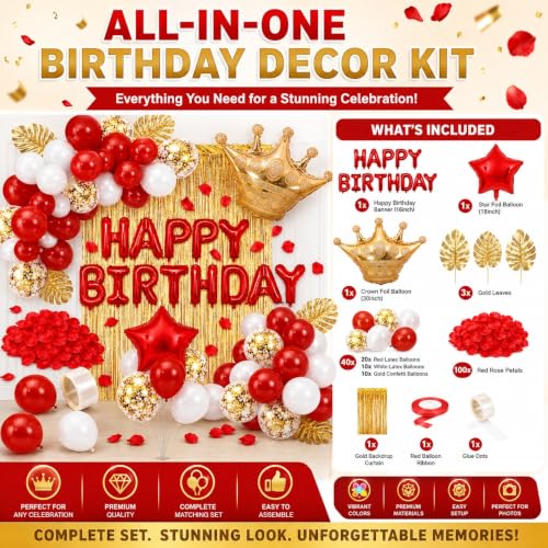 Image of Red Birthday Decorations for Girls | Red Party Decorations, White Gold Confetti Balloons, Curtain for Bithday Baby Shower Wedding Anniversary Bachelorette Party