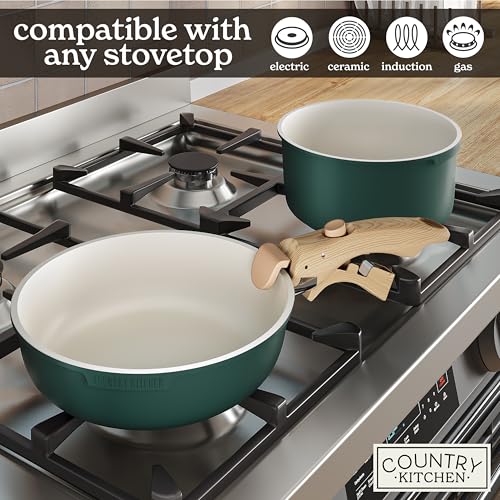 Image of Country Kitchen Cookware Set with Removable Handle, Oven & RV Safe Pots and Pans Set, Sage Wood Handle, Original
