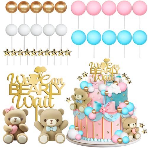 33 Pieces Gender Reveal Cake Toppers, Bear Cake Decorations Includes We Can Bearly Wait Cake Topper, Stars, Pearl Balls, Pink and Blue Bear for Baby Shower He or She Gender Reveal Party Supplies - image 1