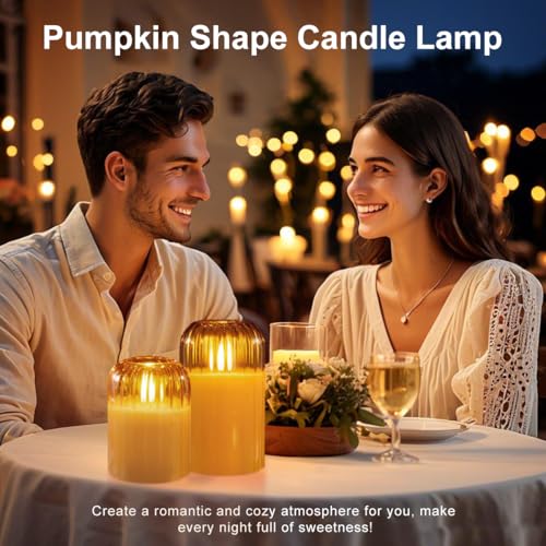 Image of LEDHOLYT Rechargeable Jar Flameless Candle, Flashing LED Pillar Christmas Candle with Remote Control and Timer, Gold Pumpkin Glass Electronic Candles for Room Decoration, 1 Set of 3
