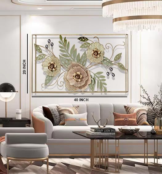 Image of ZOVE Forever Blooms Openwork Floral Wall Art | Framed Metal Artwork with Pastel Pink & Cream Blossoms | Metallic Finish Hanging Flower Decor for Living Room & Bedroom (40 x 20 Inch)