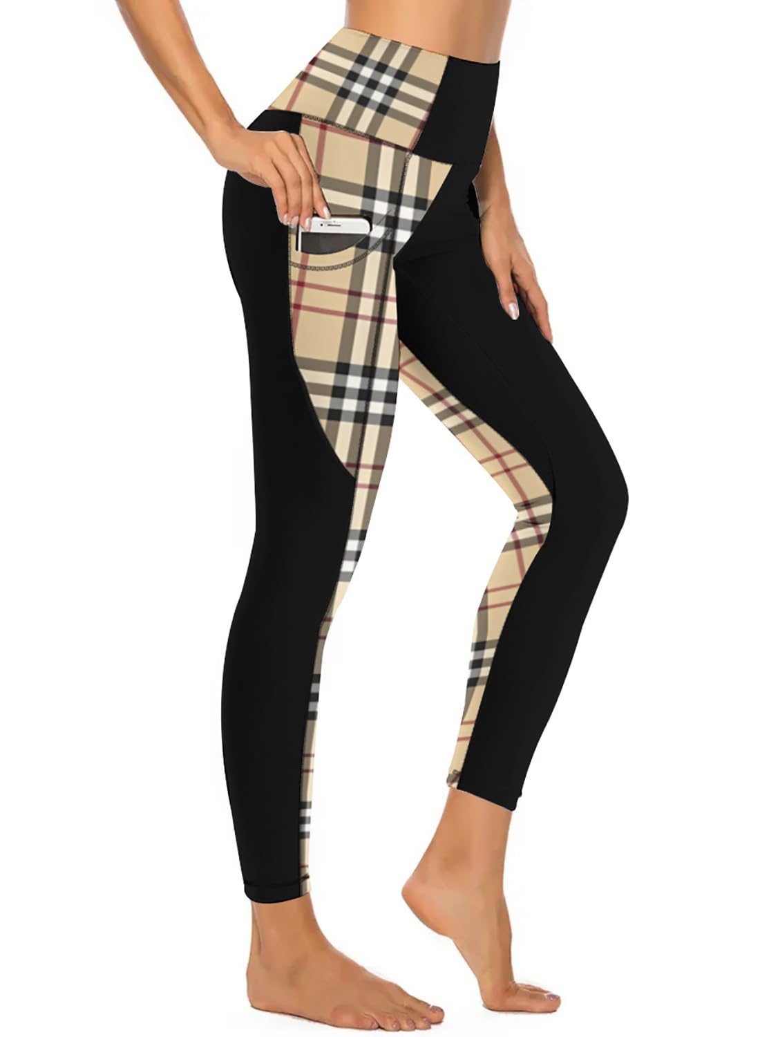 QIVICIMA Womens High Waist Workout Leggings Halloween Christmas Gym Plaid Printed Tummy Control Yoga Pants with Pockets