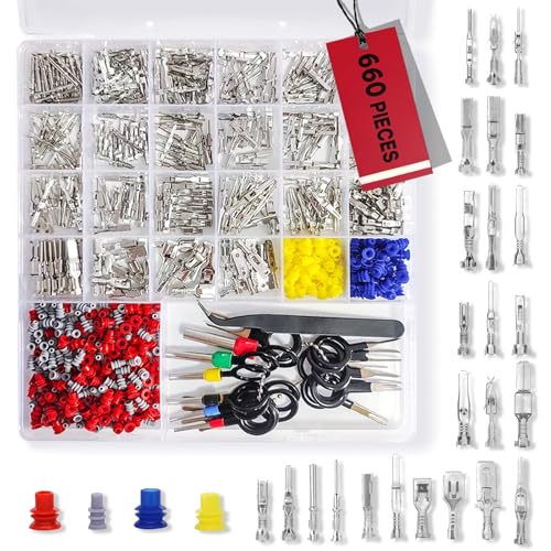 25Types Electrical Connectors 660Pcs Car Electrical Wire Connector Pins 1/1.5/1.8/2.2/2.8/3.5/4.8/6.3mm Terminal Pin Kit Non-Insulated Plug Removal Male Female Crimp Pins Auto Terminal Tool