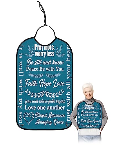Green Backdrop White Words Adult Bibs for Eating, Waterproof Bibs with Food Catcher & Adjustable Snap Closure, Pay More Worry Less Washable Clothing Protectors Adult Bibs for Elderly Women/Men