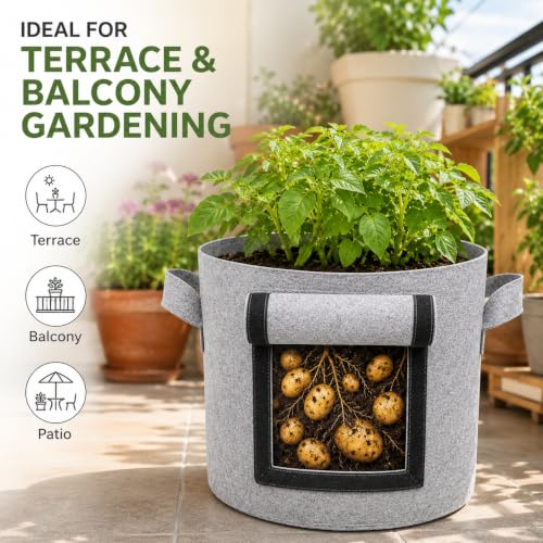 Image of Casa De Amor 15x12 Inch Potato Grow Bags for Root Vegetables, Geo Fabric 400 GSM Plant Bag (Light Grey Color, Pack of 2)