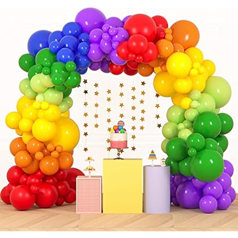 RUBFAC 189pcs Rainbow Balloon Garland Arch Kit, 7 Assorted Colors 5/12/18 Inch Latex Balloons for Birthday Party Baby Shower Wedding Anniversary Decoration Cover