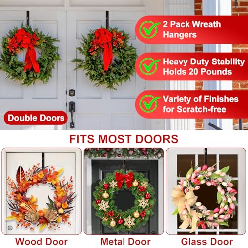 Image of 2-Pack Wreath Hooks for Front Door, 12.5-20 inch Extendable Heavy Duty Metal Over The Door Hooks (22 lbs) for Spring Decor & Coats, Slim Damage-Free Hanger for Tall & Screen Doors, Brushed Nickel