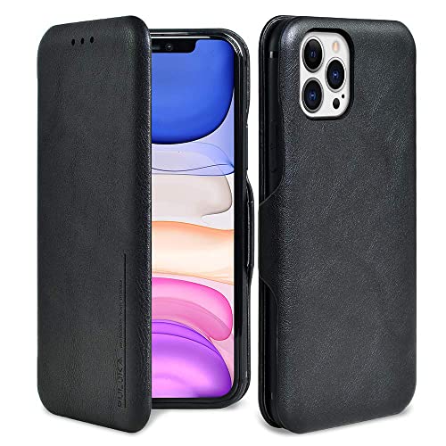 Image of PULOKA for iPhone 14 Pro - Sleek Flip Case - Premium Vegan Leather Phone Cover with Card Slot - Slim, Durable, Privacy Protection - Kickstand Function - Elegant Flip Wallet Cases for Apple - Black