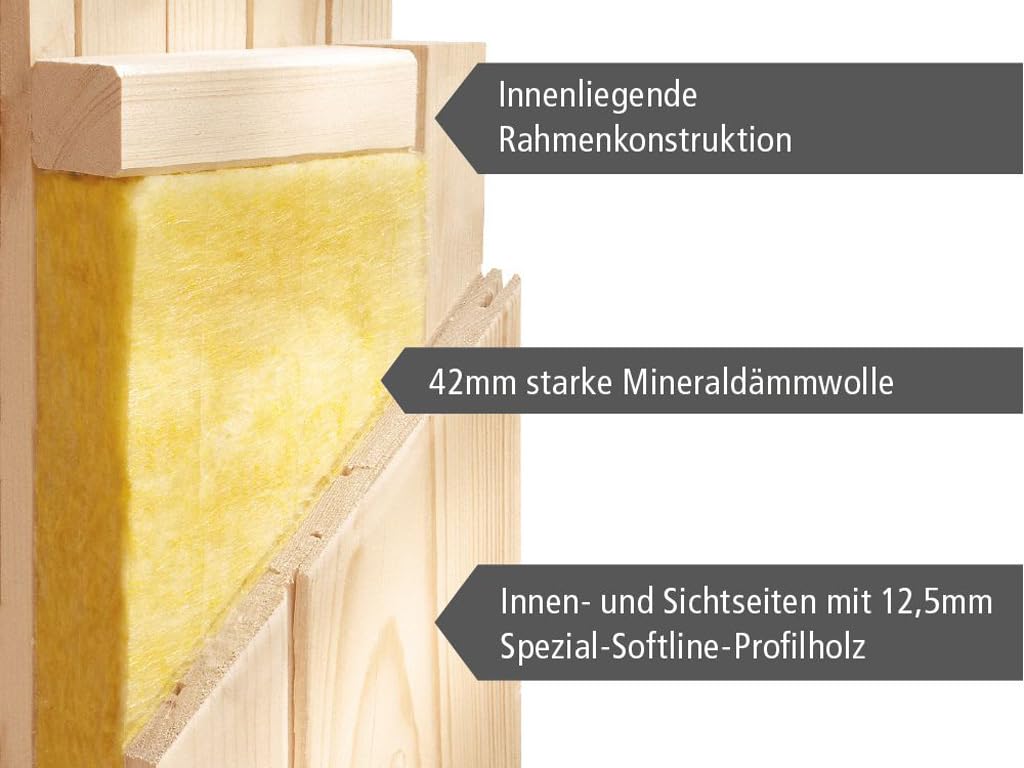 KARIBU Elementsauna Celine 4 Fichte Natur 68 mm, Innensauna für 2 3 Personen, Systembauweise mit bronzierter Ganzglastür, 3 Liegen, Ofenschutzgitter, Innenmaße 196x196x198 cm, Ohne Dachkranz